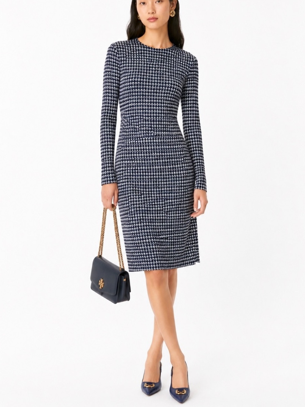 Tory Burch 100% Silk Jersey Knit Abstract Dot Print Navy Ivory Size 8 Medium